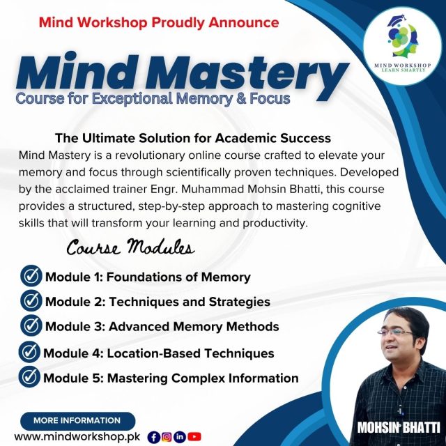 Enhance Memory; Improve Focus; Memory Training; Personal Coaching; Digital Transformation; Mohsin Bhatti First Memory Trainer of Pakistan; Improve Grades; Make Intelligent; Mind Workshop; Mohsin Bhatti; Course for Memory Improvement; Memory Enhancement; Improve Focus; Academic Excellence; Study Techniques; Learning Strategies; Cognitive Skills; Mind Mastery; Educational Consultant; Personal Trainer; Students; Parents; A Level; O Level; Matric; FSc; ICS;